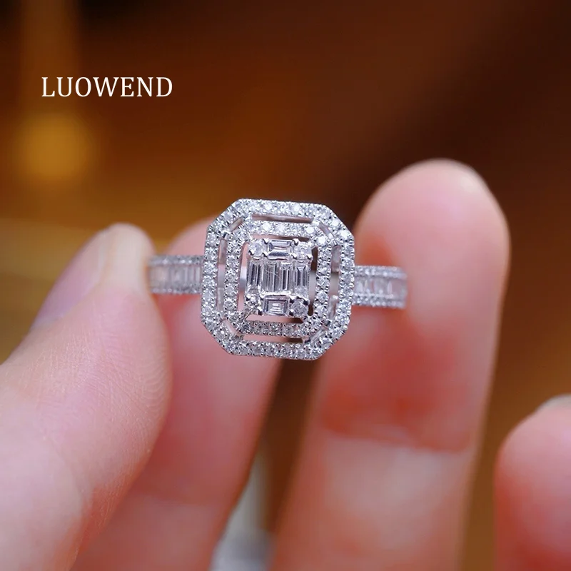 LUOWEND 100% 18K White Gold Rings Fashion Square Shape 0.60carat Real Natural Diamond Engagement Ring for Women Fine Jewelry
