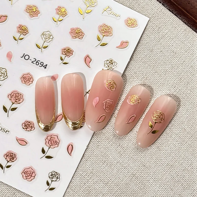 Stereo geprägte elegante metallische Rose Nagelaufkleber Floral Nail Art Design selbstklebende Slider Nail Art Aufkleber Dekoration