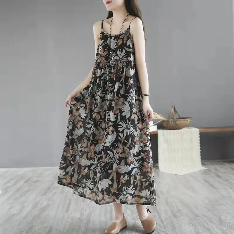 Original Design Baumwolle Leinen Midi Dr frauen Strap Dr Koreanische Sle Gedruckt Gored A-linie Rock Sommer Lange Svel