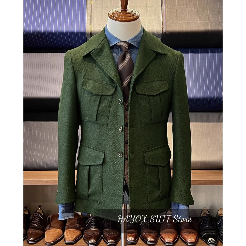 Vintage Tweed Men's Hunting Jacket Herringbone Hunting Jacket Casual 4 Pockets Fashion Design Blazer Single Breasted