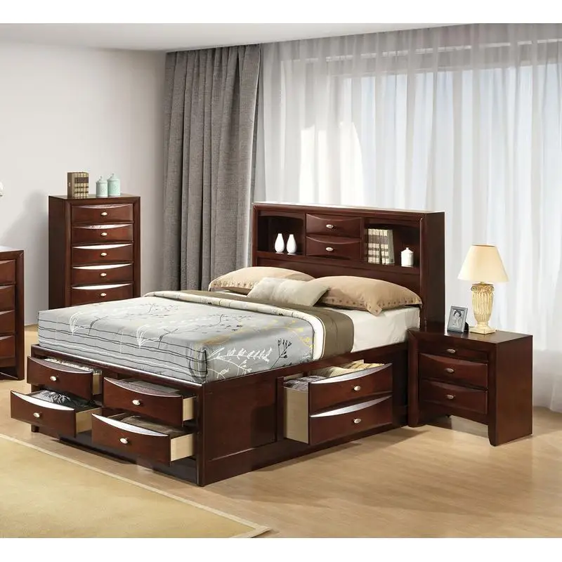 Contemporary King Size Bed with 2 Nightstands and Bookcase Headboard, Cherry Finish, 3-Piece Bedroom Furniture Set