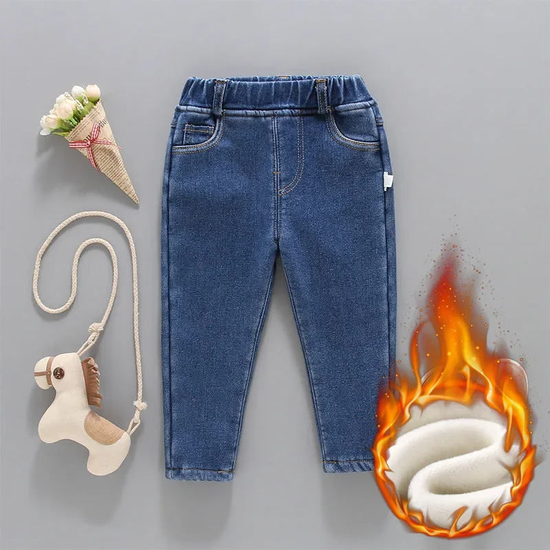 Children Jeans Boys Velvet Pants Kids Autumn Winter Girls Composite Integrated Pile Solid Color Denim Jeans Factory Direct Sales