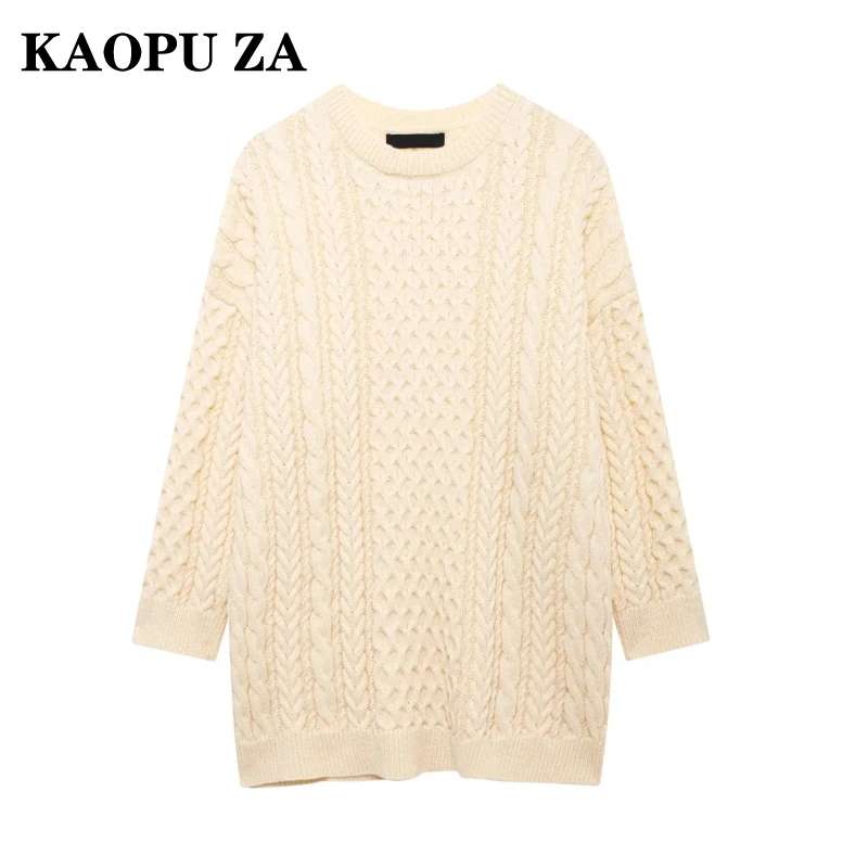 KAOPU ZA Woman's 2024 Autumn/Winter Vintage O-Collar Screw Thread Sweater Female Casual Knit Solid Color Long Sleeve Jumper Top