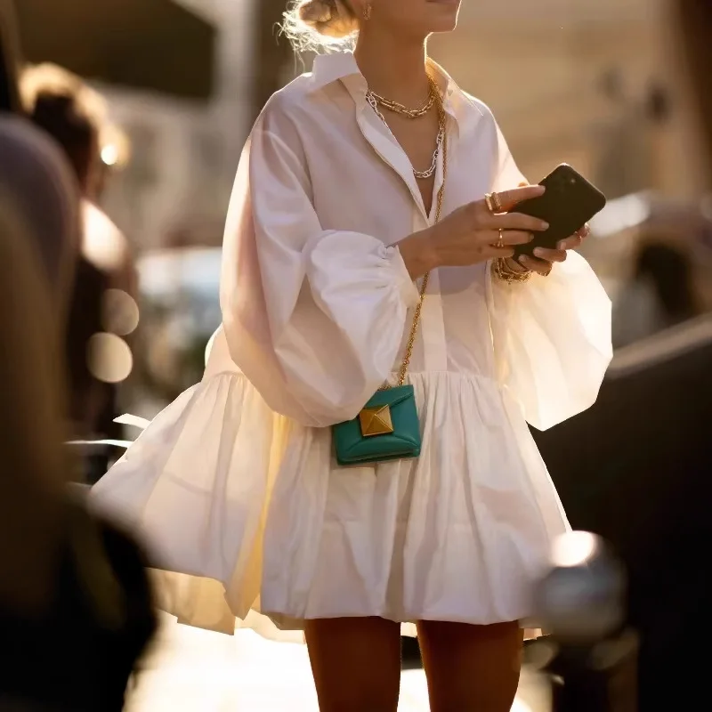 Mulheres elegantes doce turn down collar camisa vestido lanterna manga único breasted plissado a linha manga longa casual mini vestidos