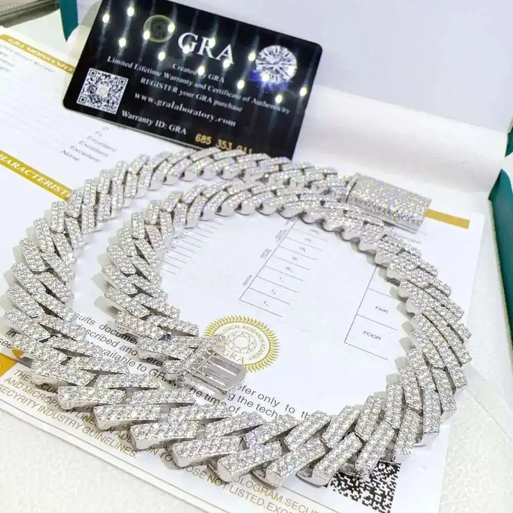 

15mm Moissanite Prong Cuban Link Chain Necklace 12mm Jewelry for Women 925 Sterling Silver Bracelet