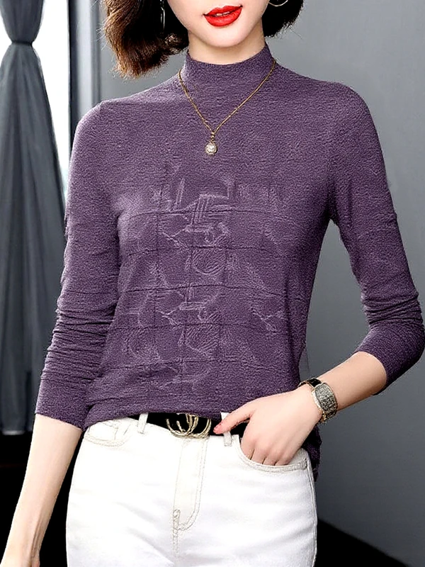 

Chic Purple Base Shirt Long Sleeve Half High Collar Mommy's Fashion Midlife Women's Clothing Autumn Winter New Style Casual P...