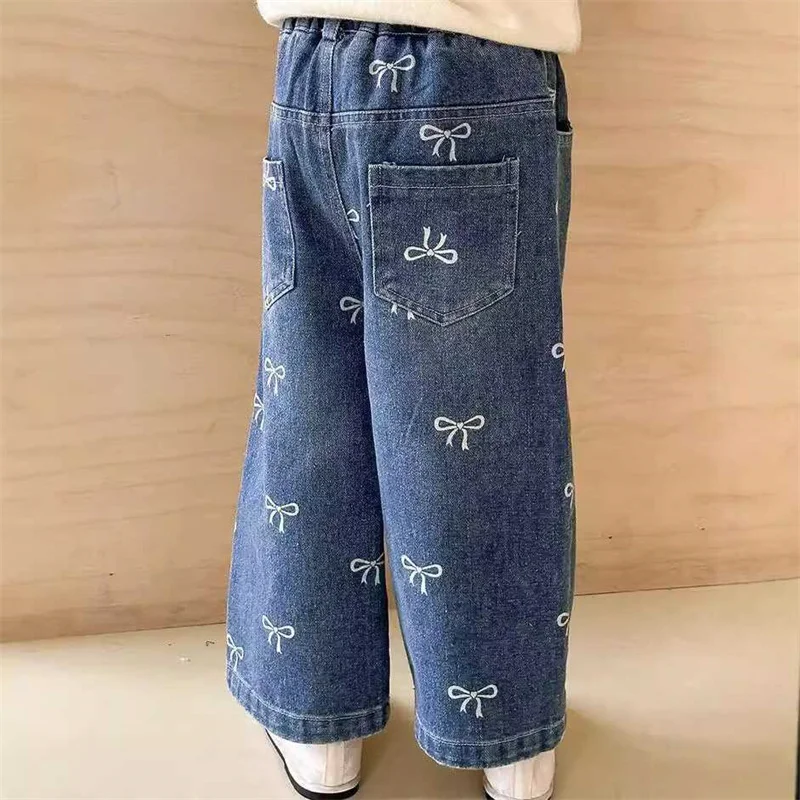 Girls Print Bow Jeans 2024 New Autumn Spring Children Loose Fashion Pants Kids Baggy Straights Baby Wide Leg trousers 1-6 Years