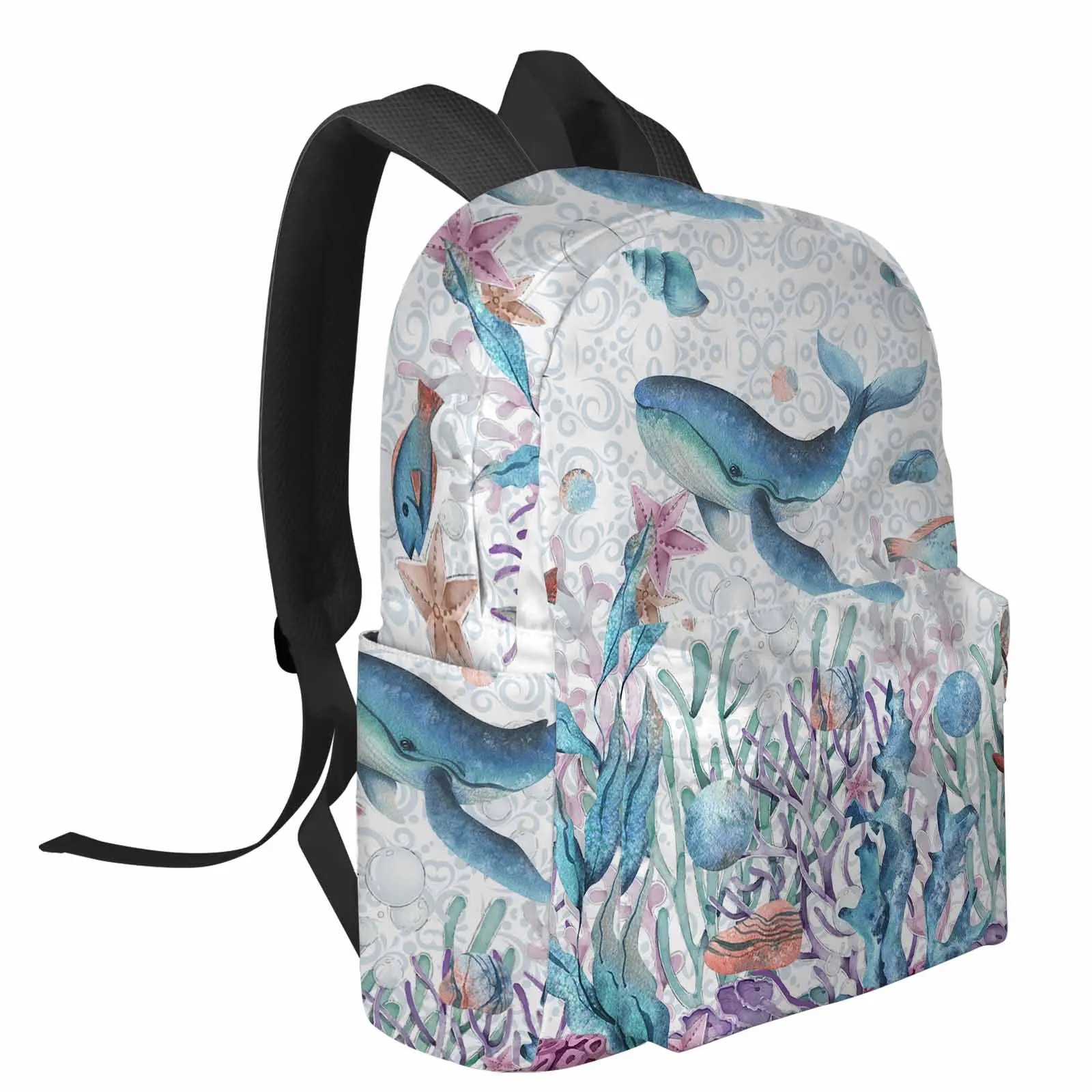 Summer Watercolor Ocean Shells Whales Starfish Large Capacity Multi Pocket Travel Backpacks Schoolbag Women Laptop Rucksack