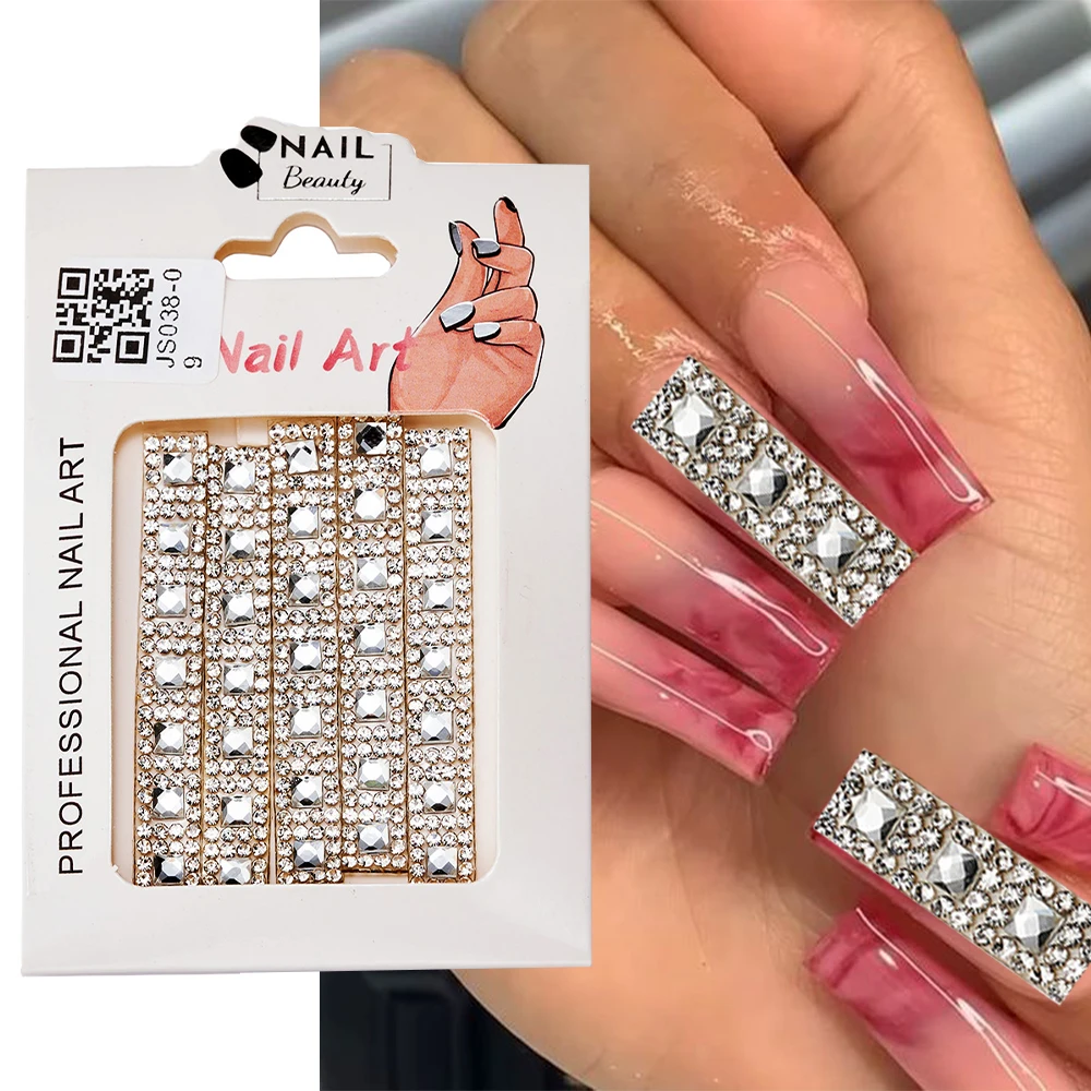 1ถุงเทปสติกเกอร์เพชรเงางามเพชรแถบเลื่อน DIY เล็บตกแต่งแถวของคริสตัลด้านหลังตัวอักษรกาวสำหรับตกแต่งเล็บ