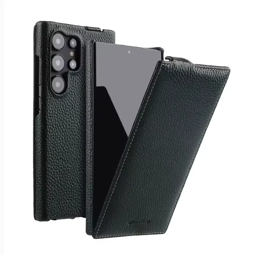 

Premium Genuine Leather Magnetic Pouch Flip Case For Samsung Galaxy S25 Ultra S24 Plus Cowhide Vertical Open Phone Bag Cover