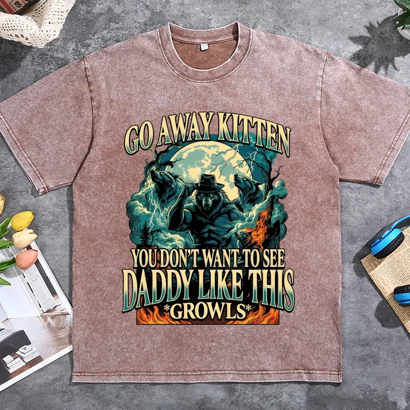 Werewolf Fedora Meme Graphic T Shirts Man Vintage Washed Go Away Kitten T-shirt Casual Round Neck Printed Short Sleeve Tees