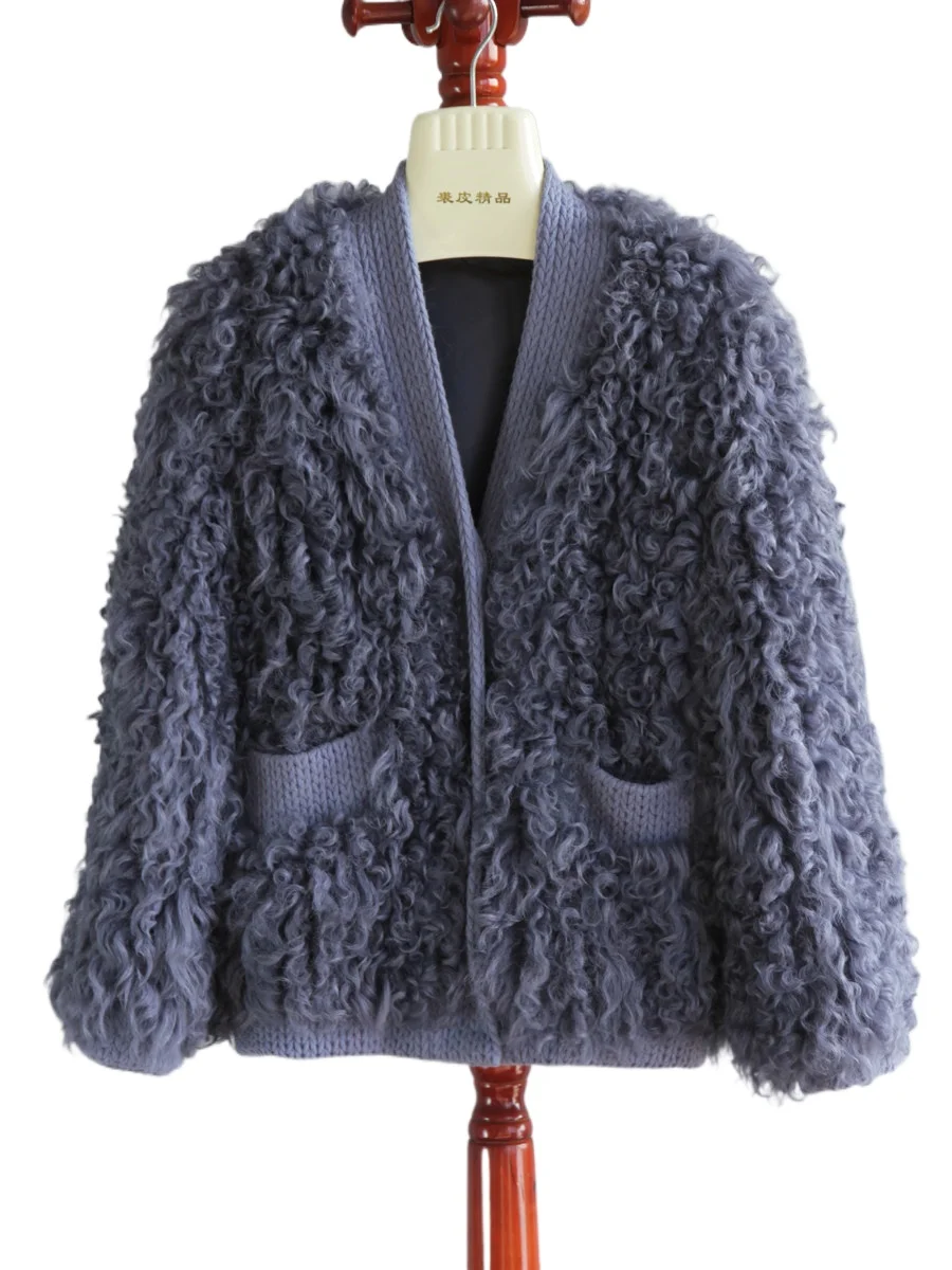 2025 imported lamb fur jacket V-neck silhouette fashion hand-woven wool coat ring wool