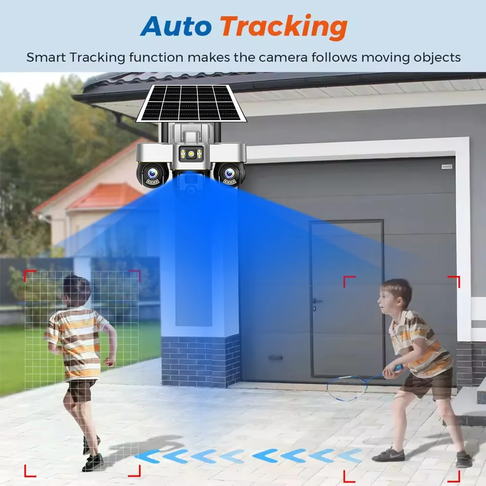 Kamera solarna 4G LTE 15MP HD z potrójnym obiektywem, zewnętrzna, wodoodporna, IP CCTV, z detekcją ruchu PIR, funkcją PTZ i kolorowym trybem nocnym.