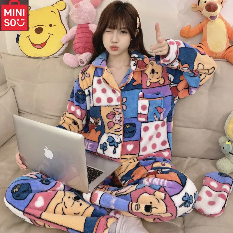 

Женская фланелевая пижама MINISO, милый осенне-зимний комплект домашней верхней одежды из плотного и плюша.