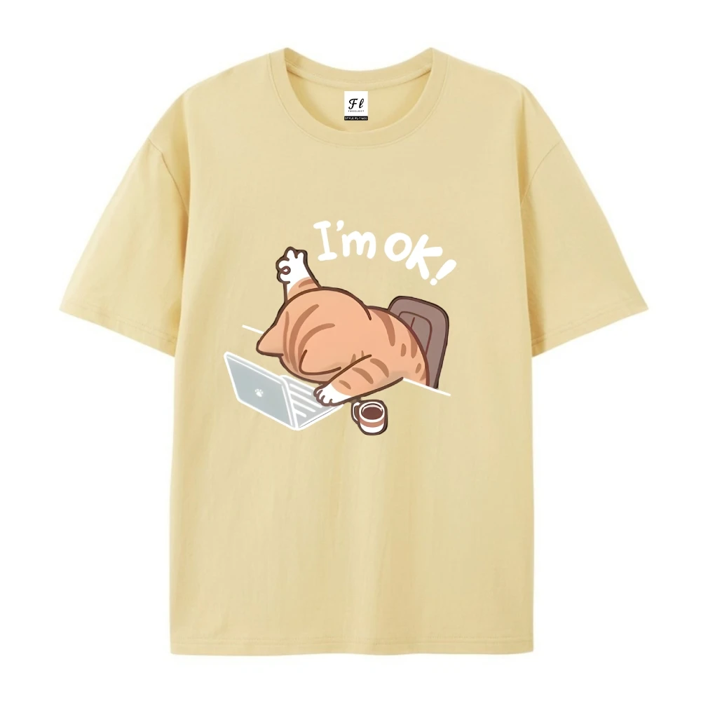 ฉันโอเค น่ารักการ์ตูนคิตตี้แคทกราฟิกเสื้อยืดผ้าฝ้ายเสื้อฤดูร้อนสวมใส่คิวท์คอร์สไตล์เสื้อผ้าสำหรับเด็กผู้หญิงผู้ชาย
