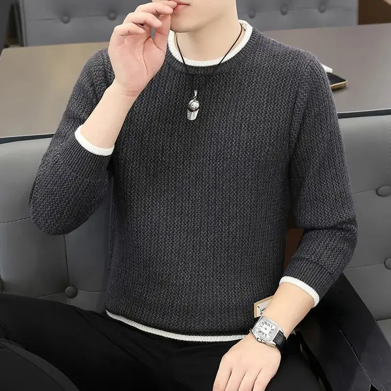 

Мужской однотонный вязаный свитер с круглым вырезом, не требующий глажки, модный, универсальный, для осенне-зимнего сезона, тонкий, стандартного кроя