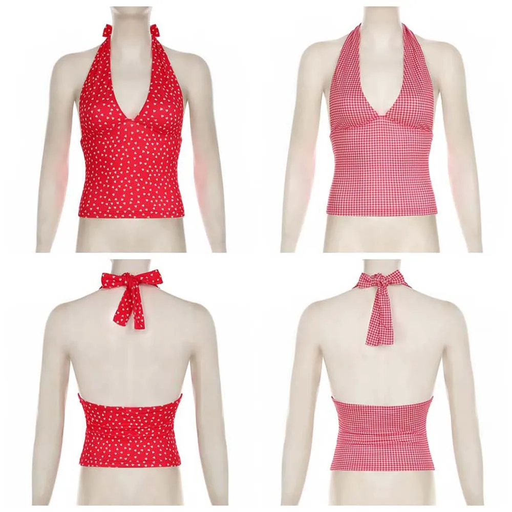 

Sweet Love Heart Sleeveless Crop Top Korean Style Ins Y2K Halter Vest Top Lace Up Chic Women Camisole Hot Girl