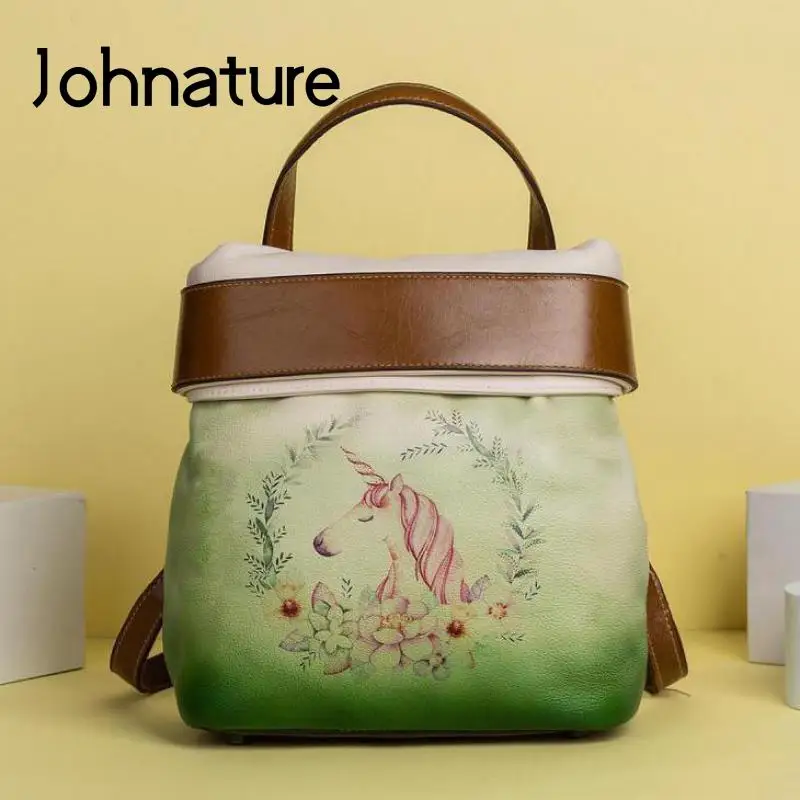 Johnature Hand Painted Genuine Leather Shoulder Bag Women Backpack Retro Multipurpose Natural Real Cowhide Travel Backpacks