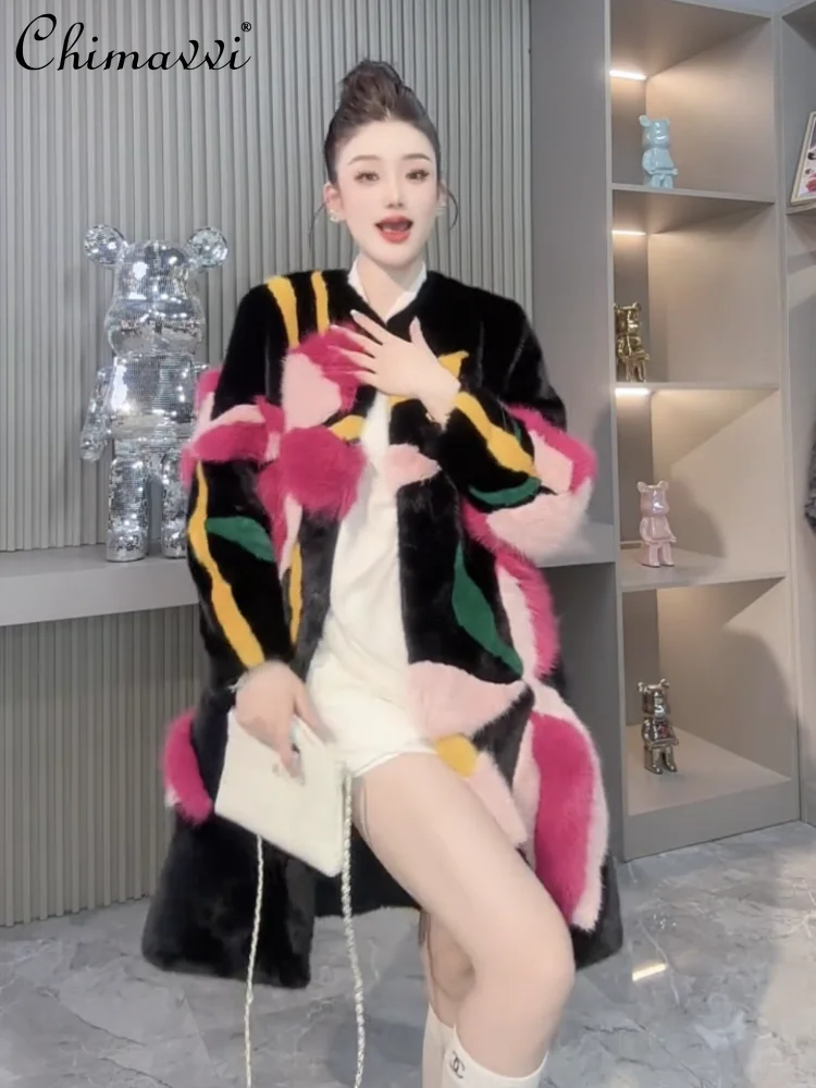 

2025 Autumn Winter New European Mink Fur Shearling Coat Women Fashion Warm Elegant Mid-Length Round Neck Faux Mink Fur Jackets