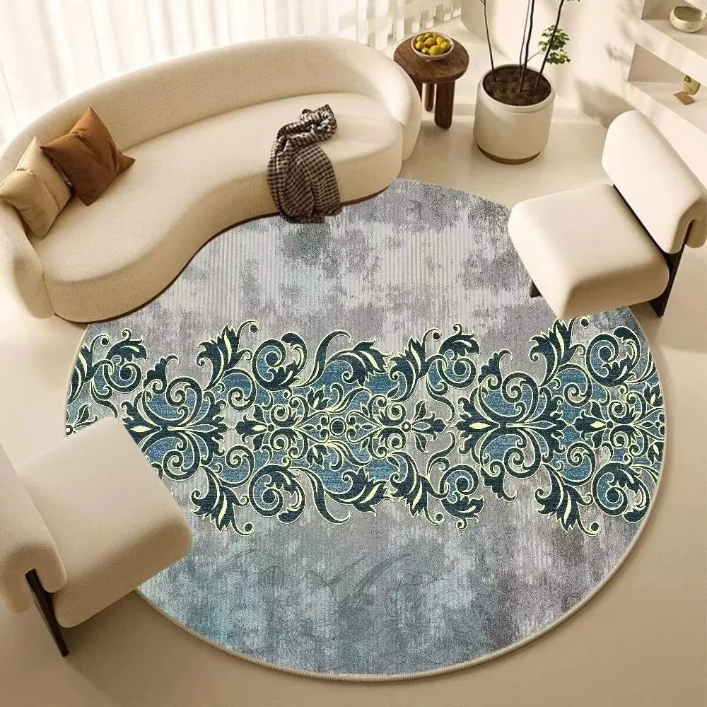 Vintage Baroque Round Carpet Grey Teal Distressed Washed Ornate Scroll Floral Damask Print Circular Floor Rug for Living Room