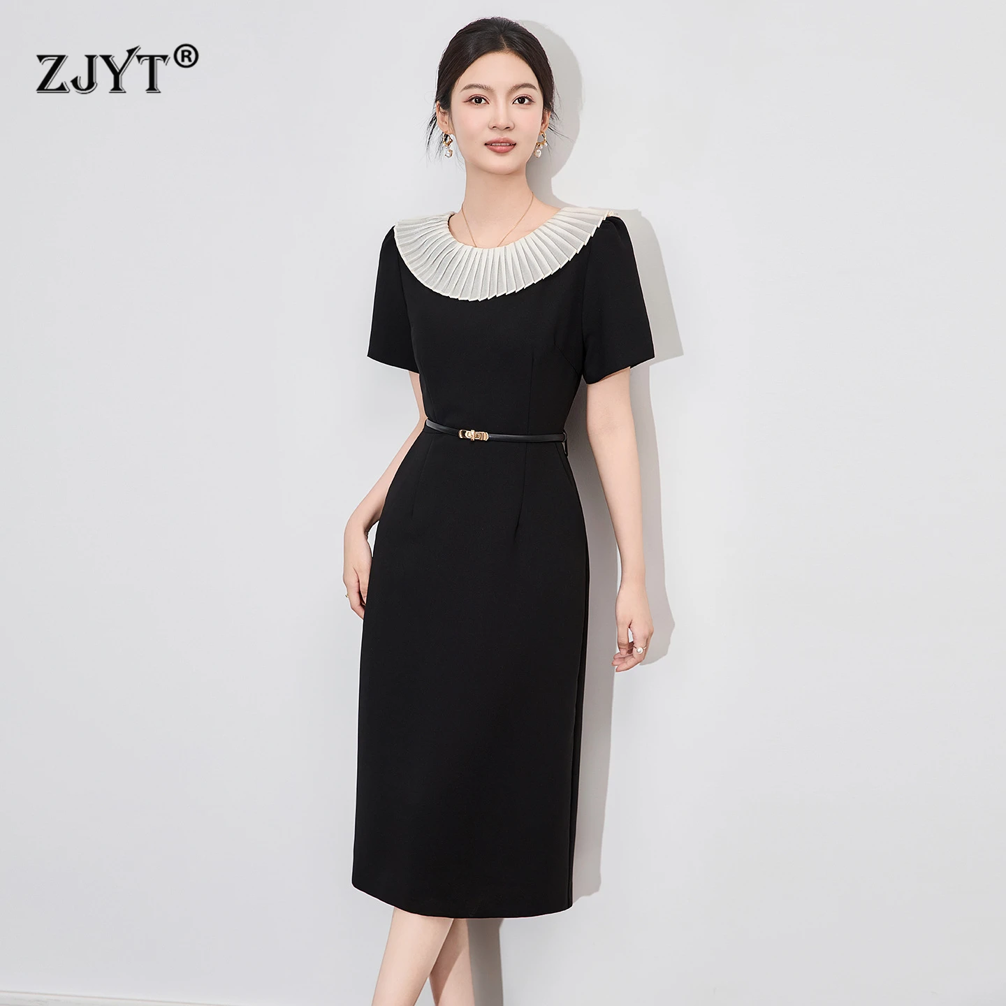 

ZJYT Summer Elegant Hit Color Ruched Collar Midi Black Dress Woman 2025 New Short Sleeve Slim Office Lady Work Dresses Female