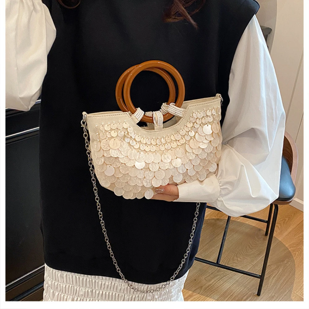 French Style Handmade Weaving Beaded Sequin Shoulder Bag Women's Niche Design Unique Commuting Versatile Ring Handle Handbag