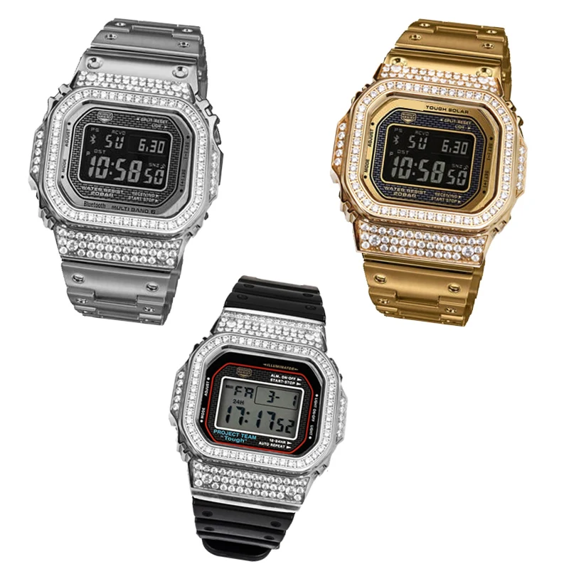 Juego de bisel y banda de diamantes personalizados para Casio G-Shock GM-5600/DW5600/DW5610 |   Set con diamantes Mod Kit |   Actualización de estuche y correa