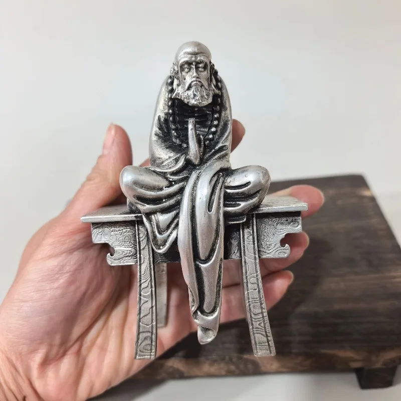 Vintage Alloy Silver‑plated Bodhidharma Statue Dharma Master Sitting On Bench Figurine Meditation Desktop Collectible Ornament