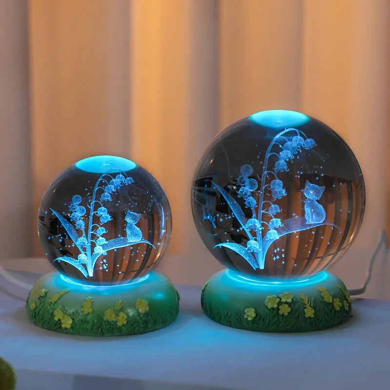 Bola de cristal 3D com vidro esculpido, estilo pastoral fresco, artesanato de resina, luz interna da noite, decoração leve da atmosfera