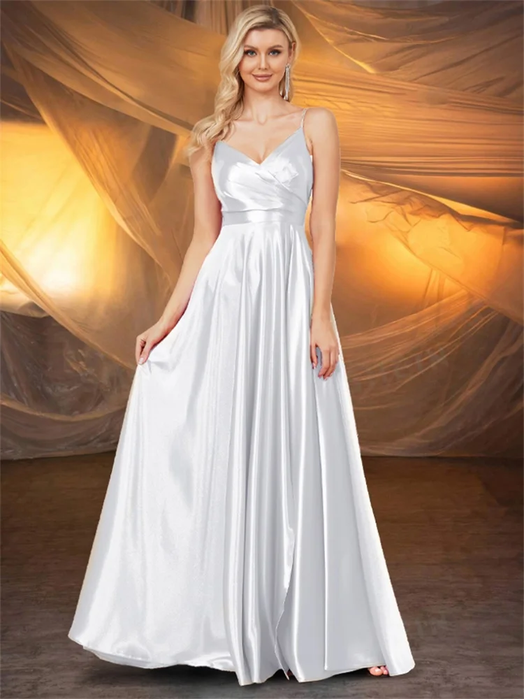 

BLUEPLUM Luxury V-Neck Satin Suspenders Evening Dress Women Long Elegant White Backless Bridesmaid Party Prom Cocktail Gown