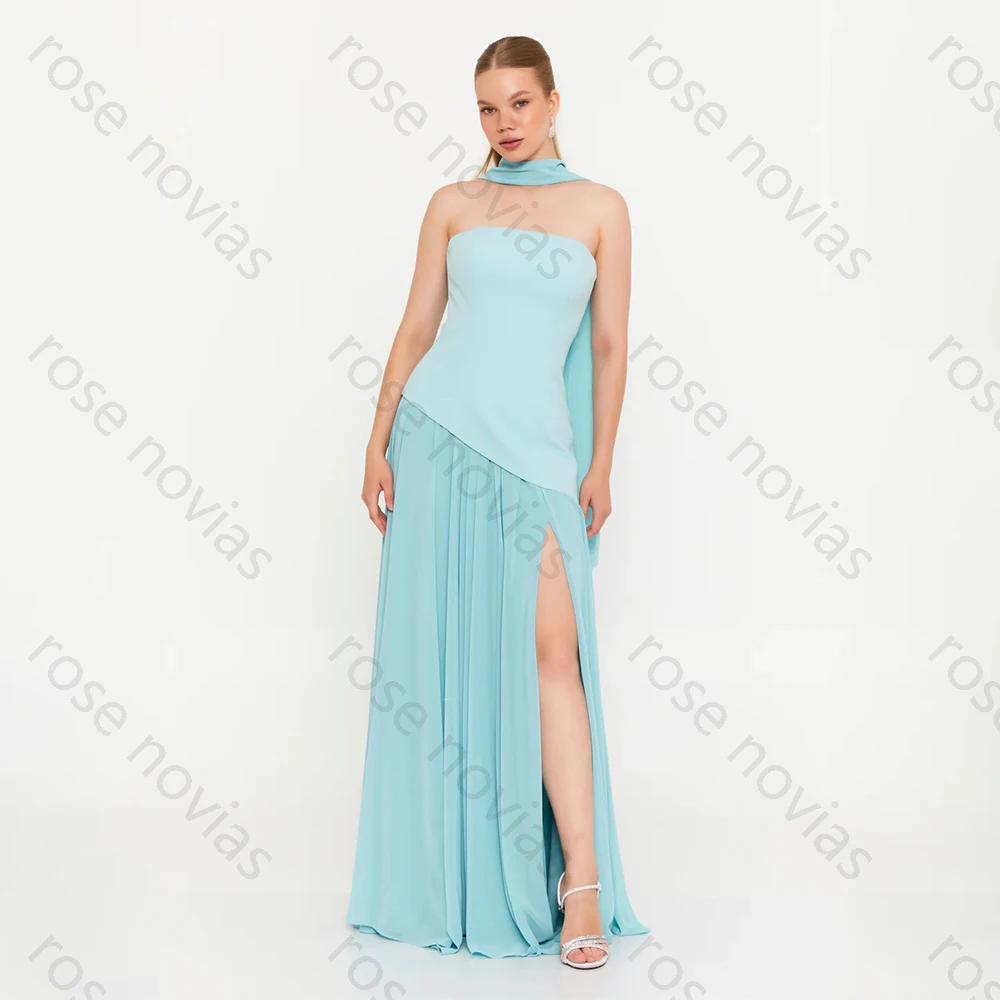 Alta qualidade simples vestidos de noite chiffon para até o chão sem alças sem mangas vestido de baile fenda vestidos de fiesta personalizado