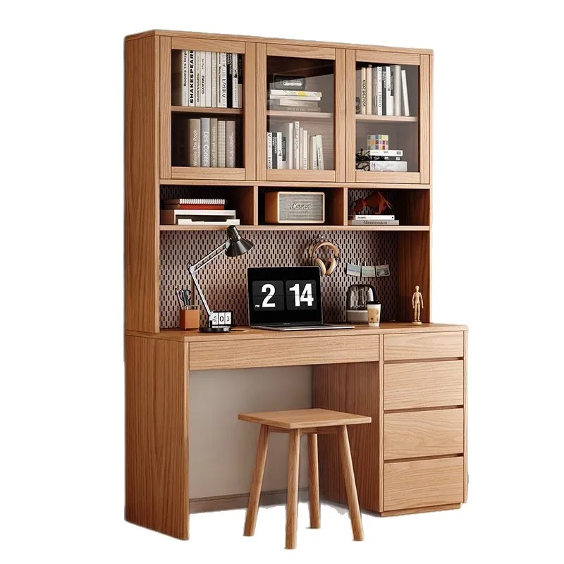 

Oak all solid wood desk bookshelf integrated table with drawers bookcase learning simple small apartment desk bookcase