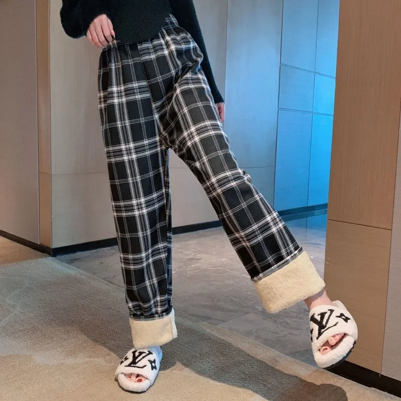 Plus Velvet Pants Women Autumn Winter Plaid Candy Colors Straight Ankle Length Warm Thick All-match Chic Preppy Female Daily New