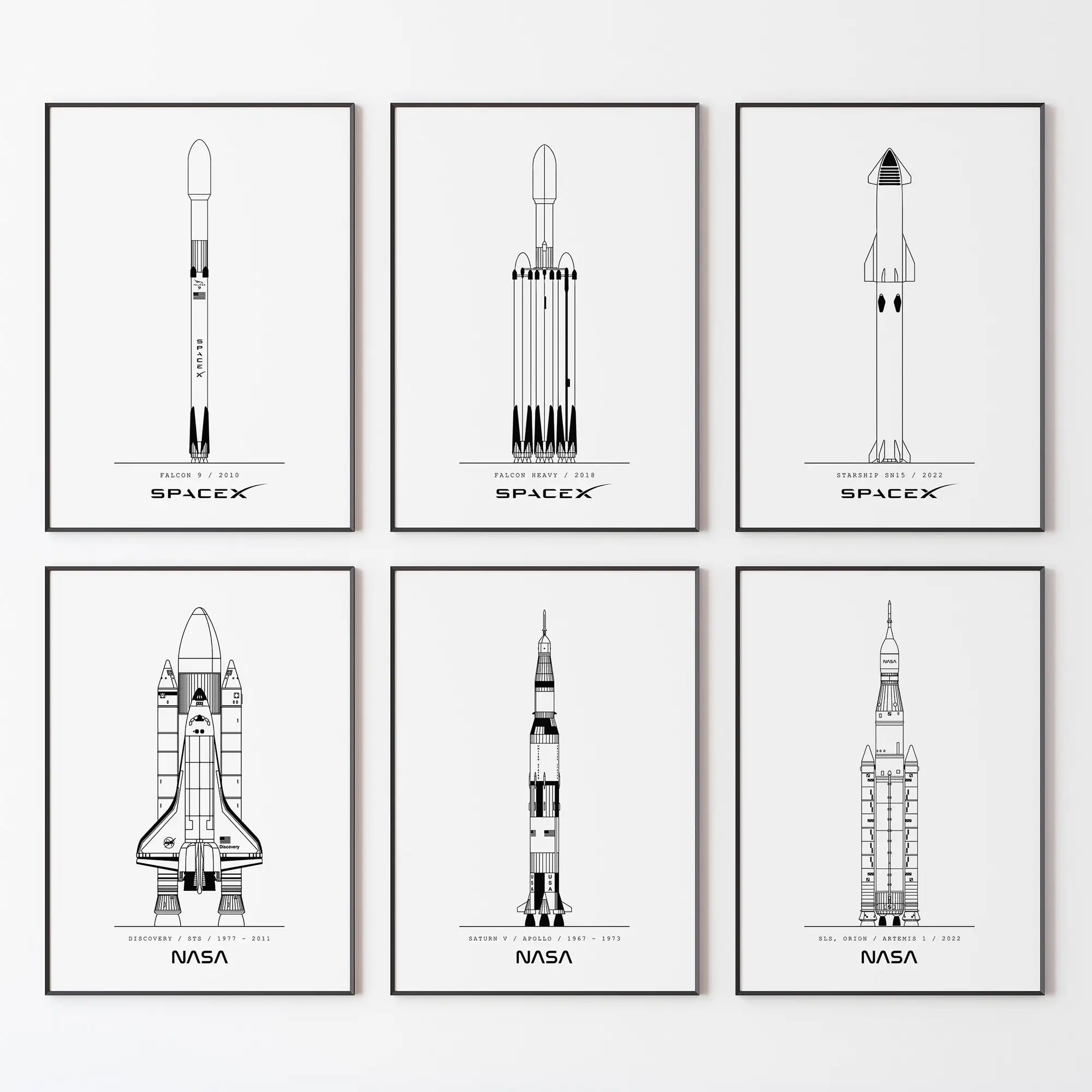 NASA and Spacx Blueprint Set of 6 Black white Poster Print Wall Art Pictures Canvas Painting Living Room Bedroom Home Decor Gift