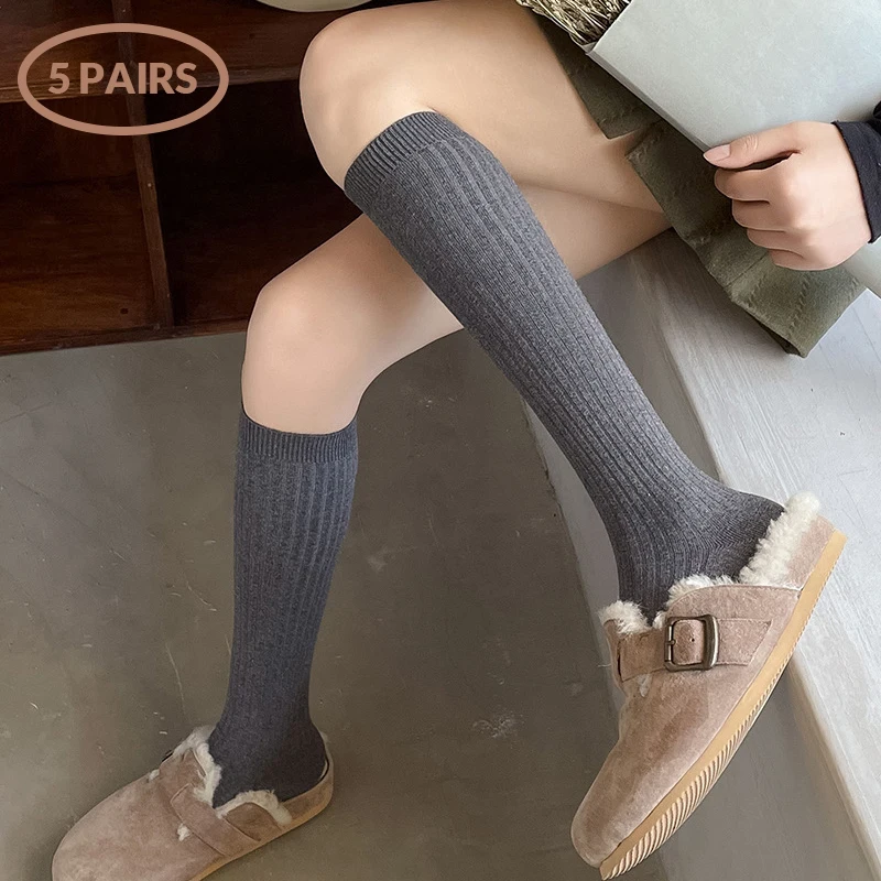 1/5pairs Women's Stockings Knee High Socks Fashion Casual Solid Color Warm Socks Spring Autumn Long Socks