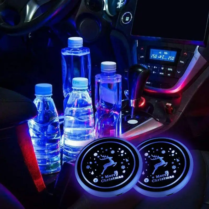 LED Car Cup Holder Coaster Waterproof 7 Colors Changing Lighted Cup Holder Inserts Interior Car Lights Cup Holder Coasters USB