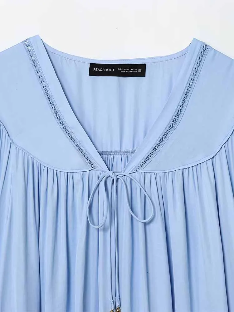 เสื้อเชิ้ตผ้าลูกไม้ทรงยาว คอวี แขนยาว สไตล์ยุโรปและอเมริกา แฟชั่นฤดูใบไม้ร่วงใหม่ เสื้อผ้าผู้หญิงลำลองอเนกประสงค์