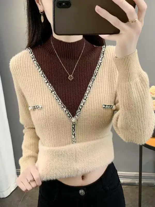 

Thickened Faux Two-Piece Knitted Sweater Women's Autumn Winter New Style Warm Half-High Collar One-Piece Fleece Inner Women's...
