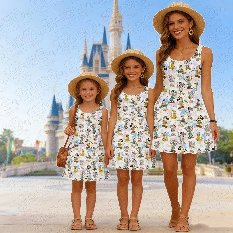 Vestido de Verano 2026, Moderno, Kawaii, Dulce, para Mujer, Niña y Madre, Vestido de Viaje, Cómodo y Transpirable, con Diseño de Mickey