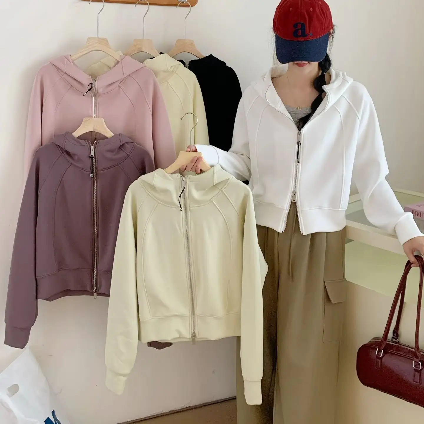 

Front and back letter embroidery hooded zipper cardigan thickened long sleeve mid-length sweatshirt real shot for women
