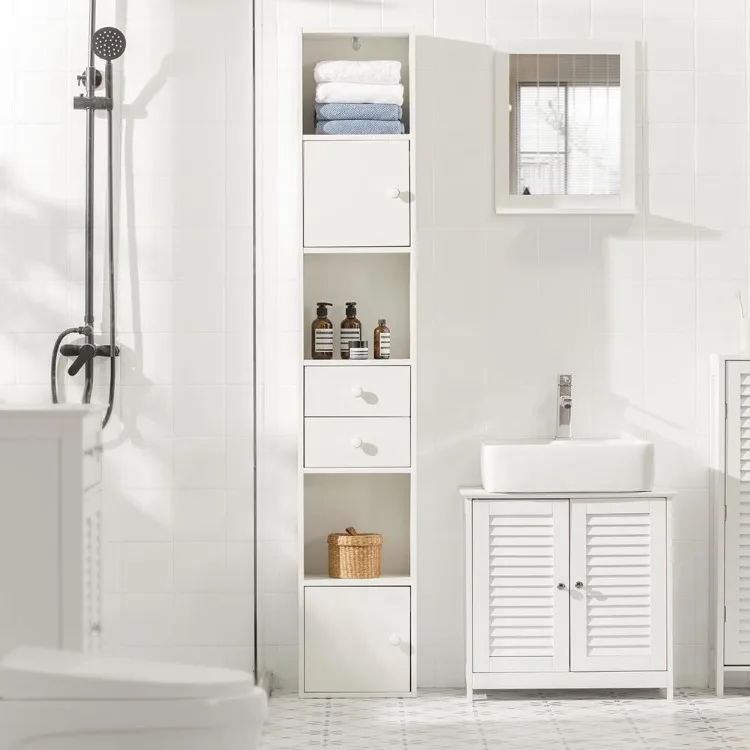 

Bathroom Tall Slim Cabinet with 2 Drawers & 2 Doors, Bathroom Shelf, Narrow Storage Cabinet with Open Compartments, Whit