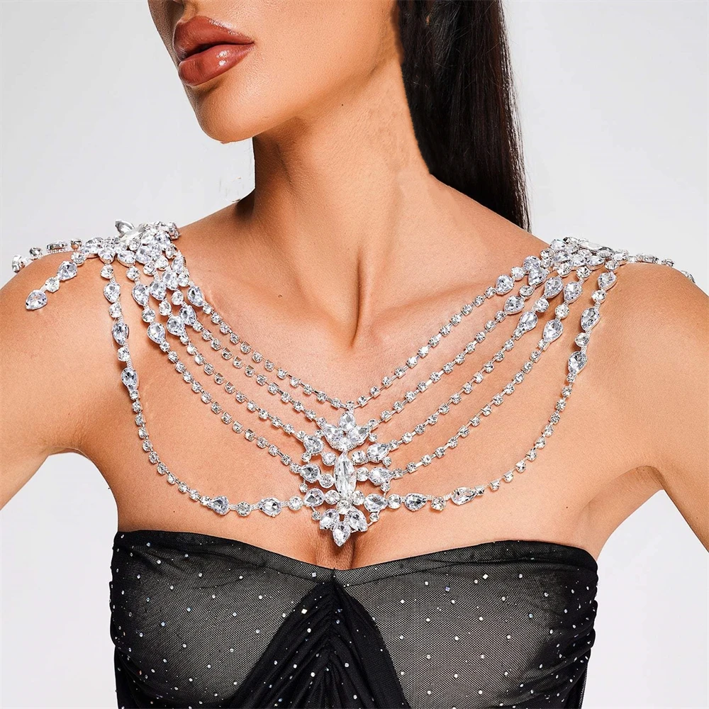 2024 New Luxury Exaggerated Multi Layer Shoulder Chain for Women Bride Rhinestone Shoulder Body Jewelry Accessories Wedding