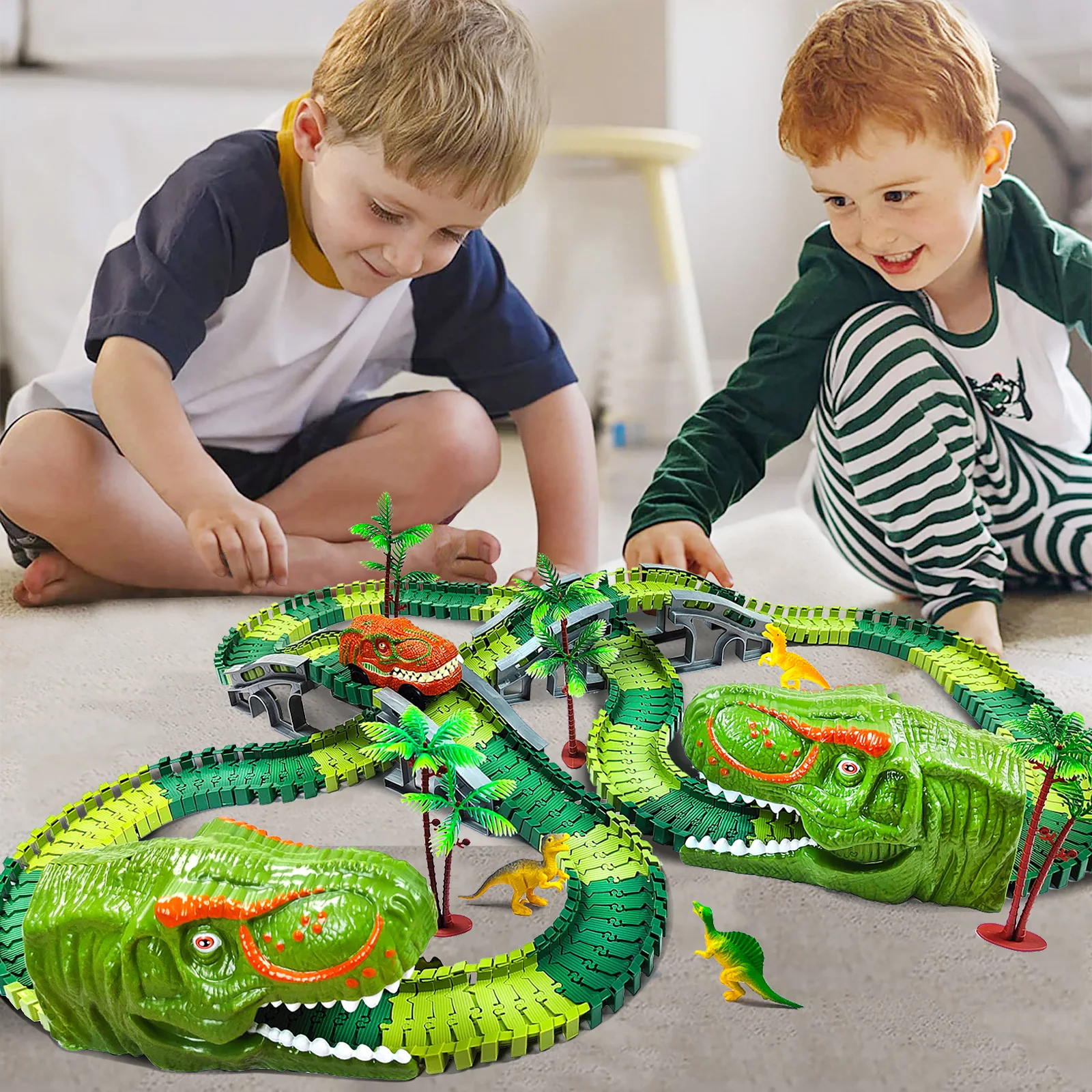 Juguetes de dinosaurios para niños, crea tu propia pista de carreras del mundo de dinosaurios, pistas de carrera flexibles para niños y niñas de 3 4
