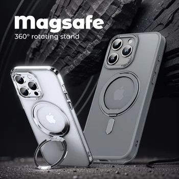 หรูหราแม่เหล็กเคสโทรศัพท์สําหรับIphone 15 14 13 12 11 16 Pro Max 16 Plus 360 °   ที่วางแหวนหมุนฝาครอบด้านโปร่งใส