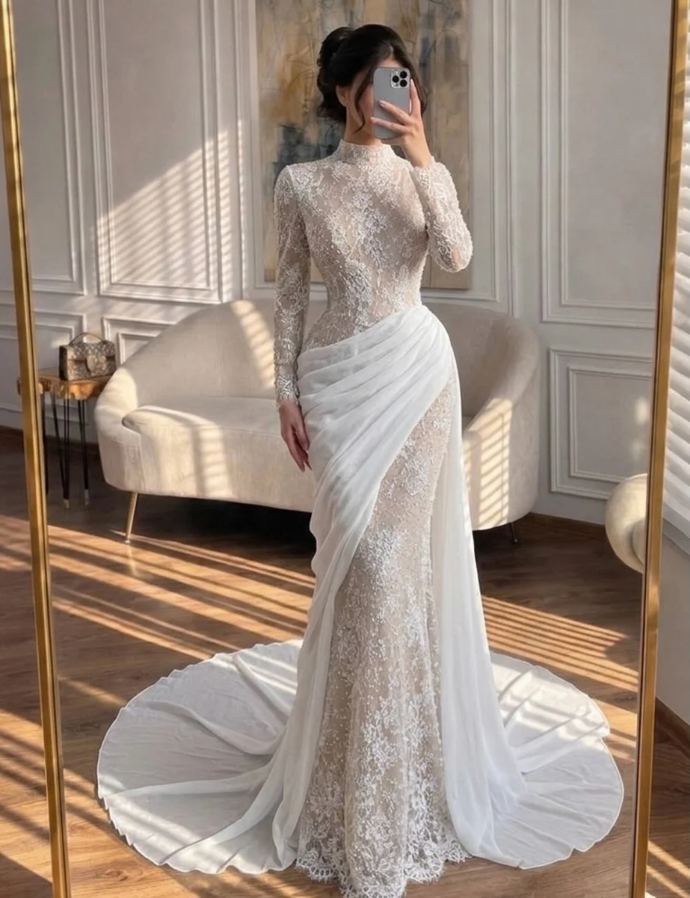 

Customized Beige Intricate Fashion Chiffon Pleat Draped Lace Ball Sequined Mermaid High Collar Floor-Length Evening Dresses Sexy