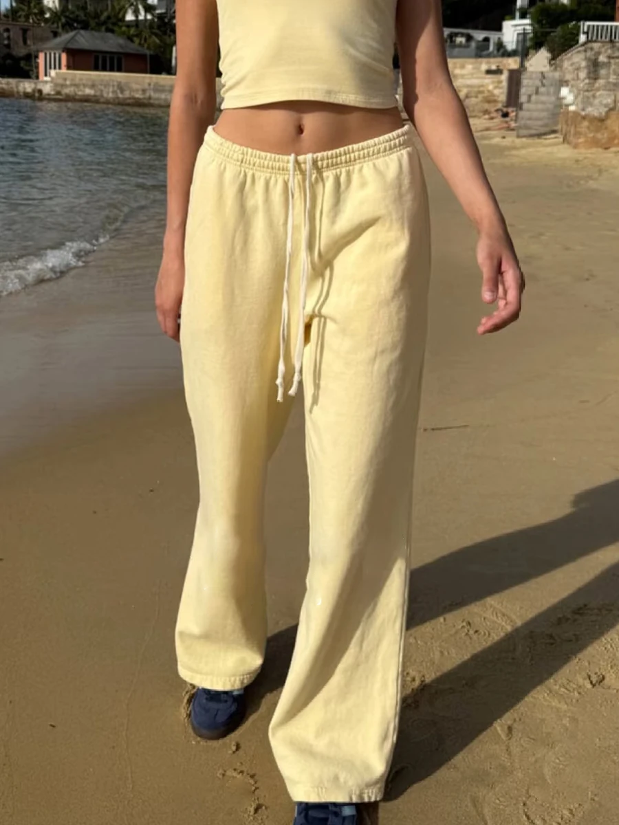

Желтые повседневные прямые спортивные штаны на шнурке, женские осенние хлопковые спортивные длинные брюки с эластичной резинкой на талии, винтажные однотонные брюки на шнуровке