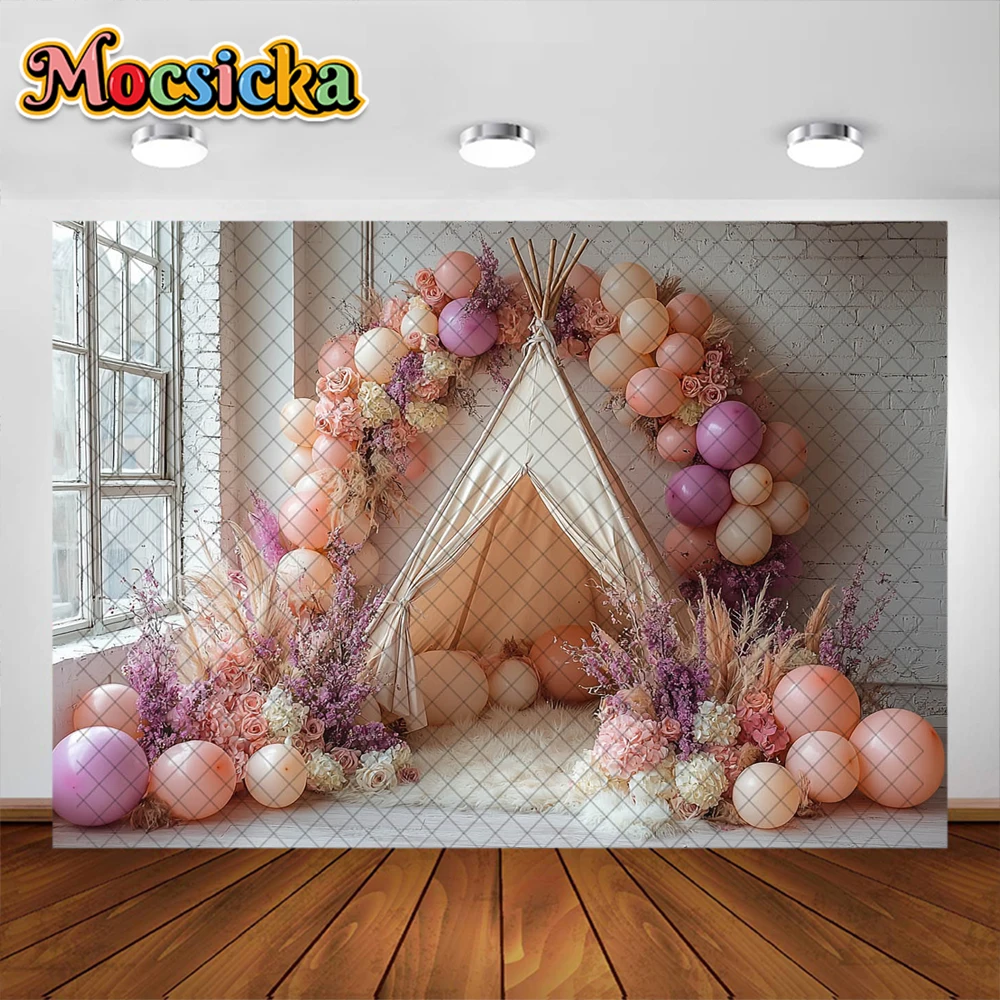 Bohemian Photography Background Colorful Balloon Tent Decoration NeWborn Baby Shower Cake Smash Background Studio Props Banner