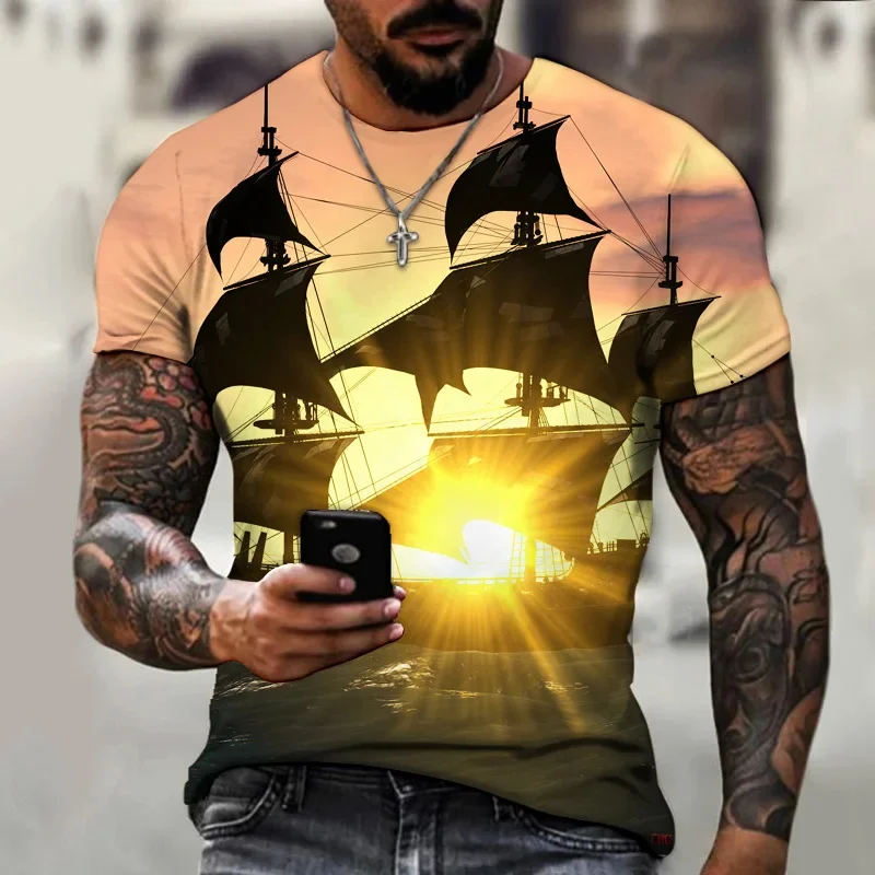 Fashionable and Lnteresting  Sailing  Pictures For Men's T-Shirts Trend Digital Printing Casual Round Neck Short Sleeved