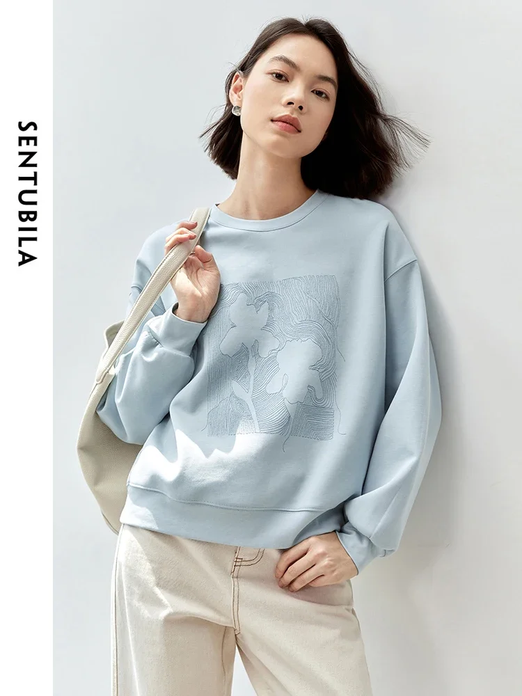 SENTUBILA Embroidery Knitted Sweatshirt for Women 2024 Autumn Winter Cotton Casual Loose Fit Solid Simple Pullovers 143A56381