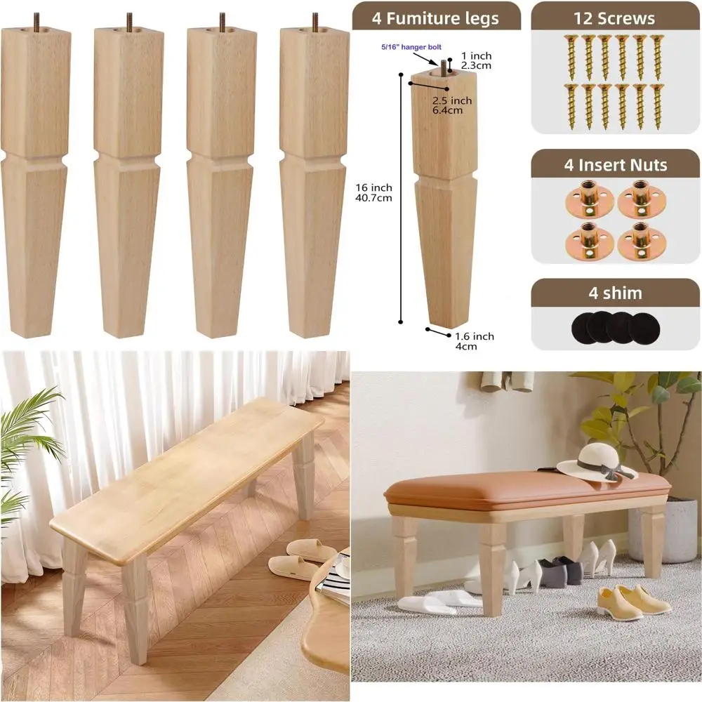 

Heavy Duty Mid Century Tall Wooden Legs Set of 4 for Tables, Benches, Ottomans - 16 Inch Square Unfinished Oak Furniture Legs